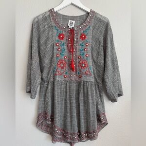 Ivy Jane‎ Boho Houndstooth Tunic Top Embroidered Tassel Peasant Blouse XS
